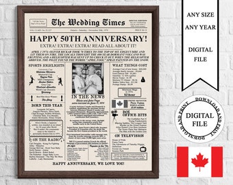 Canadian Personalized Newspaper Anniversary Poster with Photo, 1974 Anniversary Sign, 50 Years Ago In 1974, Canada 50th Wedding Anniversary