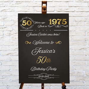 Cartel de bienvenida para el 50.° cumpleaños, cartel de bienvenida para cumpleaños imprimible, cartel de bienvenida en negro y dorado, cartel de bienvenida para el 70.° cumpleaños, cartel de bienvenida para el 60.° cumpleaños