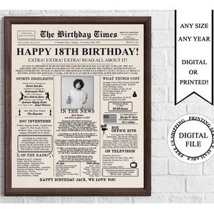 Póster de cumpleaños personalizado en papel con foto, cartel imprimible para el 18.° cumpleaños, póster de cumpleaños de 2007, en 2007, regalo para el 18.° cumpleaños