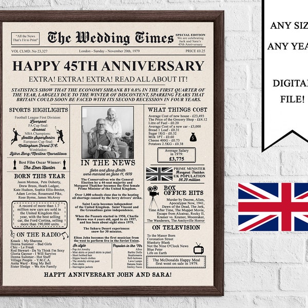 Personalized Newspaper Anniversary Poster with Photo, UK Version, 1979 Anniversary Sign, 45 Years Ago In 1979, 45th Wedding Anniversary