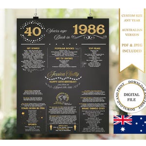 Australian 40th Birthday Poster, 40th Birthday Chalkboard, 1986 Birthday Poster, 1986 Birthday Facts, Back in 1986, 40th Birthday Gift image 1