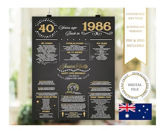 Australian 40th Birthday Poster, 40th Birthday Chalkboard, 1986 Birthday Poster, 1986 Birthday Facts, Back in 1986, 40th Birthday Gift