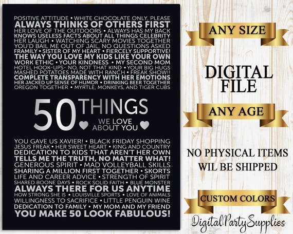 50 Reasons Why We Love You, 50 Birthday Poster, 50 Years Ago, Birthday Printable Sign, 50 Things We Love About You, 50th Birthday Sign