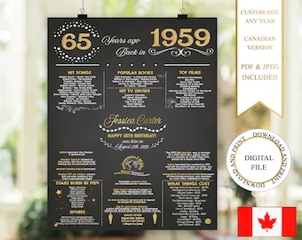 Canada 65th Birthday Poster, 65th Birthday Canada, 1959 Birthday Board, 1959 Birthday Facts, Back in 1959 Canadian Version, 65 Birthday Gift