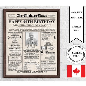 Póster de cumpleaños personalizado en papel canadiense con foto, cartel imprimible de 90 cumpleaños, hace 90 años en 1935, regalo de 90 cumpleaños, cartel de 1935