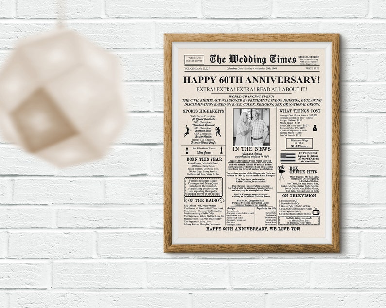 Personalized Newspaper Anniversary Poster with Photo, 1964 Anniversary Sign, 60 Years Ago In 1964, 60th Wedding Anniversary Gifts Parents image 3