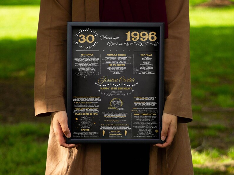 May include: A framed black and gold print celebrating a 30th birthday, with the year 1996 prominently displayed. The print includes lists of hit songs, popular books, top films, and other facts from that year. The name "Jessica Carter" is featured.