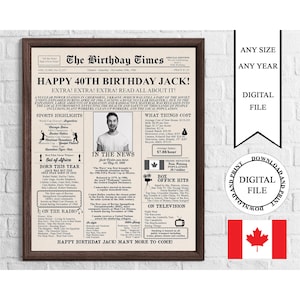 Puede incluir: Una impresión de periódico enmarcada titulada "The Birthday Times" que celebra un 40 cumpleaños. La impresión incluye titulares, artículos y una foto, con el texto "Happy 40th Birthday Jack!" y "Digital File."