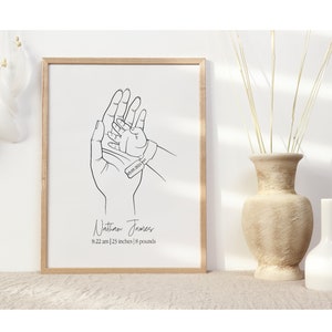 Custom Mom Holding Baby Hand Line Art Poster, Personalized Baby Digital Print, Minimalist Birth Announcement Print, Newborn Hand Line Art