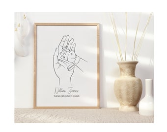 Custom Mom Holding Baby Hand Line Art Poster, Personalized Baby Digital Print, Minimalist Birth Announcement Print, Newborn Hand Line Art