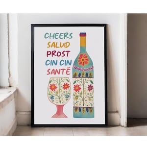 Kolorowy wydruk Cin Cin Salud, estetyczny wydruk do kuchni, sztuka ścienna na wózek barowy, sztuka na butelkę wina i szkło, plakat ścienny z winem w stylu vintage