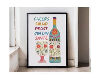 Colorful Cin Cin Salud Print, Aesthetic Decor Kitchen Print, Bar Cart Wall Art, Wine Bottle and Glass Art, Wine Vintage Poster Wall Print