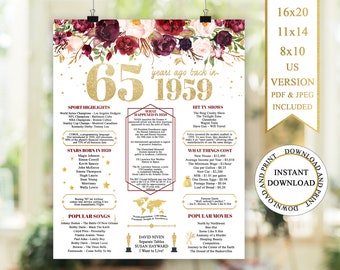 65th Birthday Poster, 65th Birthday Board, 1959 Birthday Poster, 1959 Birthday Facts, Back in 1959, 65th Birthday Gift, Instant Download