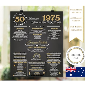 Australische 50e verjaardag poster, 50e verjaardag schoolbord, 1975 verjaardag poster, feiten verjaardag 1975, terug in 1975, cadeau 50e verjaardag