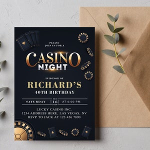 Zaproszenie na noc kasyna, Zaproszenie na 50. urodziny dla mężczyzn, Zaproszenie na urodziny pokerowe, Zaproszenie na imprezę w Las Vegas, Zaproszenie na karty do gry
