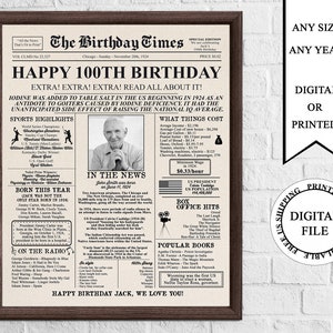 Personalized Newspaper Birthday Poster with Photo, Printable 100th Birthday Sign, 1924 Birthday Poster, Back in 1924, 100th Birthday Gift