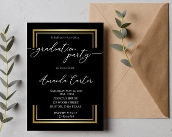 Graduation Party Invitation, Grad Invites, Black and Gold Graduation Party, Graduation Invitation 2024, Printable Template, Class of 2024