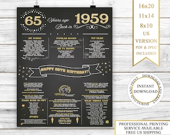 65th Birthday Poster Instant Download, 65th Birthday Chalkboard, 1959 Birthday Poster, 1959 Birthday Facts, Back in 1959, 65th Birthday Gift