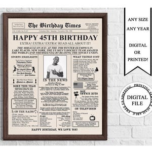 Personalized Newspaper Birthday Poster with Photo, Personalized 45th Birthday Sign, 1980 Birthday Poster, Back in 1980, 45th Birthday Gift
