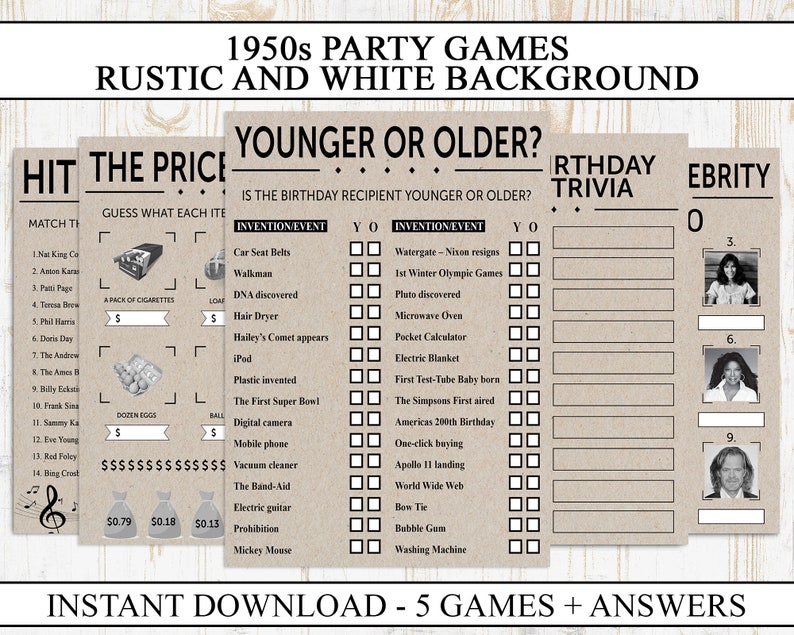 70th birthday party games printable born in 1950 1950s game etsy