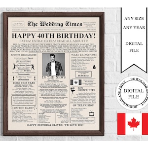 Póster de cumpleaños personalizado canadiense en forma de periódico con foto, cartel imprimible de 40 cumpleaños, hace 40 años en 1985, regalo de 40 cumpleaños