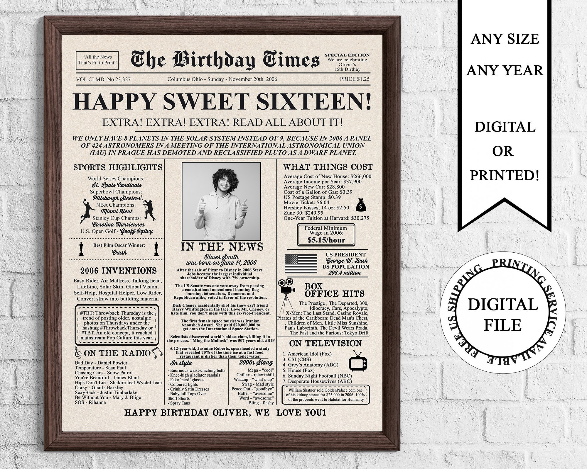 personalized newspaper birthday poster with photo 16th etsy