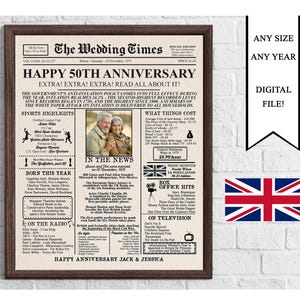 Manifesto per l'anniversario del giornale britannico con foto, versione britannica, cartello per l'anniversario del 1975, 50 anni fa nel 1975, cartello per il 50° anniversario di matrimonio
