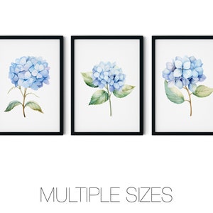 Blaue Hortensie 3er-Set Druck, Aquarell botanische druckbare Wandkunst, Minimalistische Wohnzimmer Wanddekoration, Hortensie Bauernhaus druckbare Kunst
