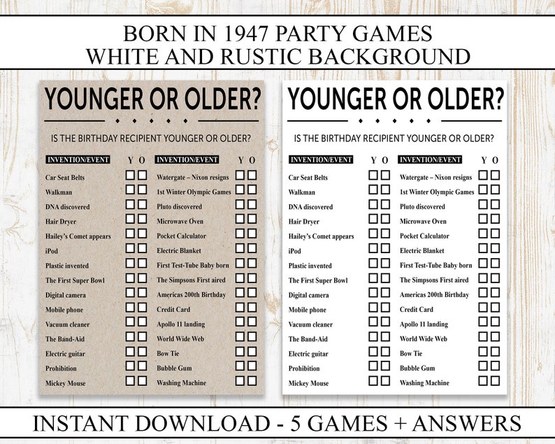 75th Birthday Party Games Printable Born In 1947 1940s Game Etsy Hong