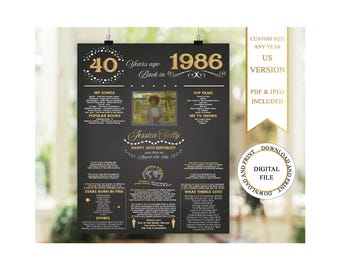 40th Birthday Poster with Photo, 1986 Birthday Facts, 40 Years Ago Back in 1986 Year (Digital Download), 40th Birthday Gift Personalized