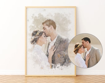 Retrato de pareja en acuarela Pintura a partir de foto Ilustración familiar personalizada Papel Regalo de aniversario de boda Acuarela Regalo de Navidad