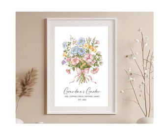 May include: A white framed print featuring a watercolour illustration of a bouquet of pink, blue and yellow flowers. The text "Grandma's Garden" is beneath the flowers, followed by a list of names and the year "EST. 2002".