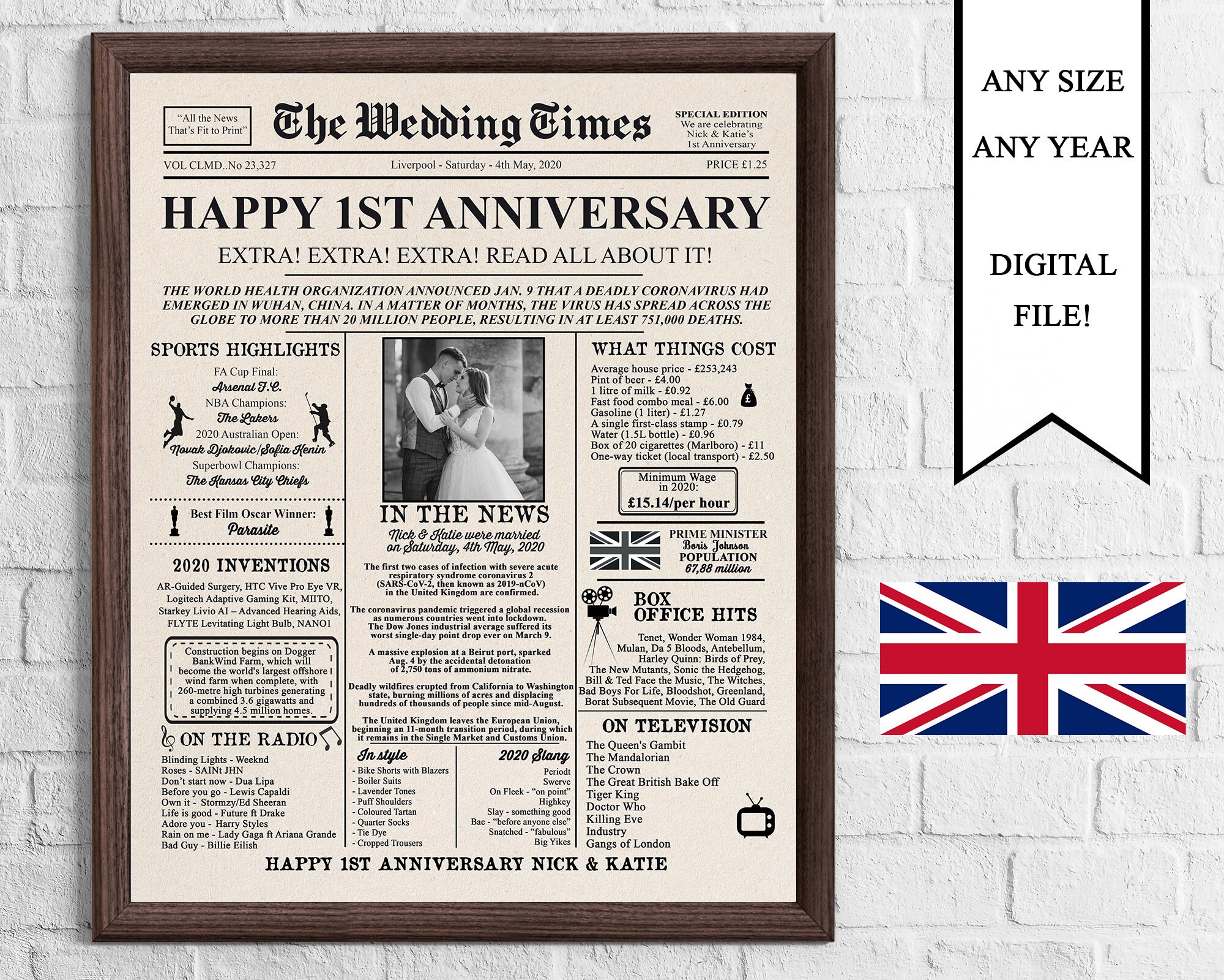 Personalized Newspaper Anniversary Poster with Photo UK Etsy