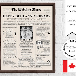 Affiche d'anniversaire de journal personnalisée canadienne avec photo, signe d'anniversaire de 1975, il y a 50 ans en 1975, 50e anniversaire de mariage du Canada