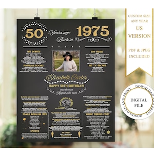 Póster de 50 cumpleaños con foto, pizarra de 50 cumpleaños, póster de cumpleaños de 1975, datos sobre el cumpleaños de 1975, en 1975, regalo de 50 cumpleaños