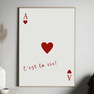 C'est la Vie digitale print, trendy kunstprint, speelkaarten kunst aan de muur, rode aas van harten kamer kunst aan de muur, "That's Life" Franse quote poster