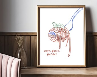 May include: Line art illustration of a fork with a plate of spaghetti and a sprig of basil. The text "more pasta please!" is written below the spaghetti.