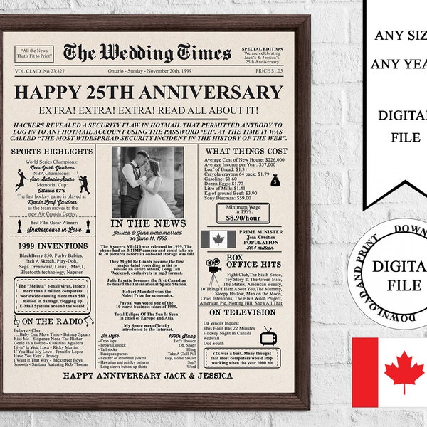 Canadian Personalized Newspaper Anniversary Poster with Photo, 1999 Anniversary Sign, 25 Years Ago In 1999, Canada 25th Wedding Anniversary
