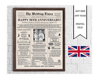 1976 British Newspaper Anniversary Poster, Photo, UK Version (Digital Download), 50 Years Ago In 1976, 50 Wedding Anniversary Personalized