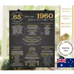 Póster de cumpleaños número 65 de Australia, pizarra de cumpleaños número 65, póster de cumpleaños de 1960, datos sobre el cumpleaños de 1960, en 1960, regalo de cumpleaños número 65