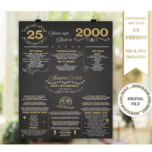 Póster de cumpleaños número 25, pizarra de cumpleaños número 25, póster de cumpleaños de 2000, datos sobre el cumpleaños de 2000, en 2000, regalo de cumpleaños número 25, archivo digital