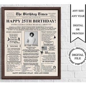 Póster de cumpleaños personalizado en forma de periódico con foto, cartel personalizado para el 25.° cumpleaños, póster de cumpleaños del año 2000, en el año 2000, regalo para el 25.° cumpleaños