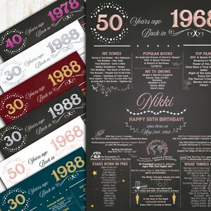 May include: A collection of birthday-themed prints. The main print is a chalkboard-style design celebrating a 50th birthday in 1968, with facts and popular culture references. Additional prints highlight other milestone years.
