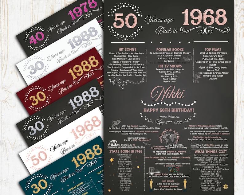 May include: A collection of birthday-themed prints. The main print is a chalkboard-style design celebrating a 50th birthday in 1968, with facts and popular culture references. Additional prints highlight other milestone years.