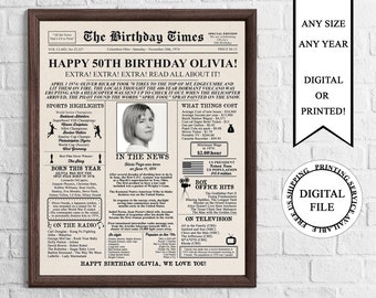 Personalized Newspaper Birthday Poster with Photo, Printable 50th Birthday Sign, 1974 Birthday Poster, Back in 1974, 50th Birthday Gift