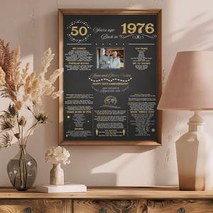 May include: A framed black and gold print celebrating a 50th anniversary, with the year 1976 prominently displayed. The print includes text about hit songs, popular books, top films, and other details from that year. A photo of the couple is included.