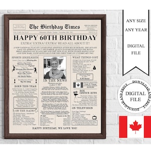 Canadian Personalized Newspaper Birthday Poster with Photo, Printable 60th Birthday Sign, 60 Years Ago In 1965, 60th Birthday Gift
