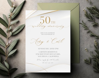 May include: A white wedding anniversary invitation with gold accents. The invitation reads "50th wedding anniversary" and includes the names "Amy & Carl". The invitation details the date and time of the event, the location, and the RSVP information.