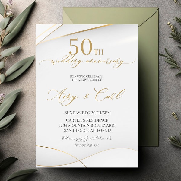 50th Anniversary Invitation Printable, White and Gold Invitation, Elegant Anniversary Invite, Wedding Anniversary Invitation with Photo