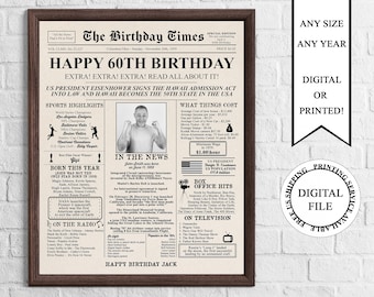 Personalized Newspaper Birthday Poster with Photo, Personalized 65th Birthday Sign, 1959 Birthday Poster, Back in 1959, 65th Birthday Gift